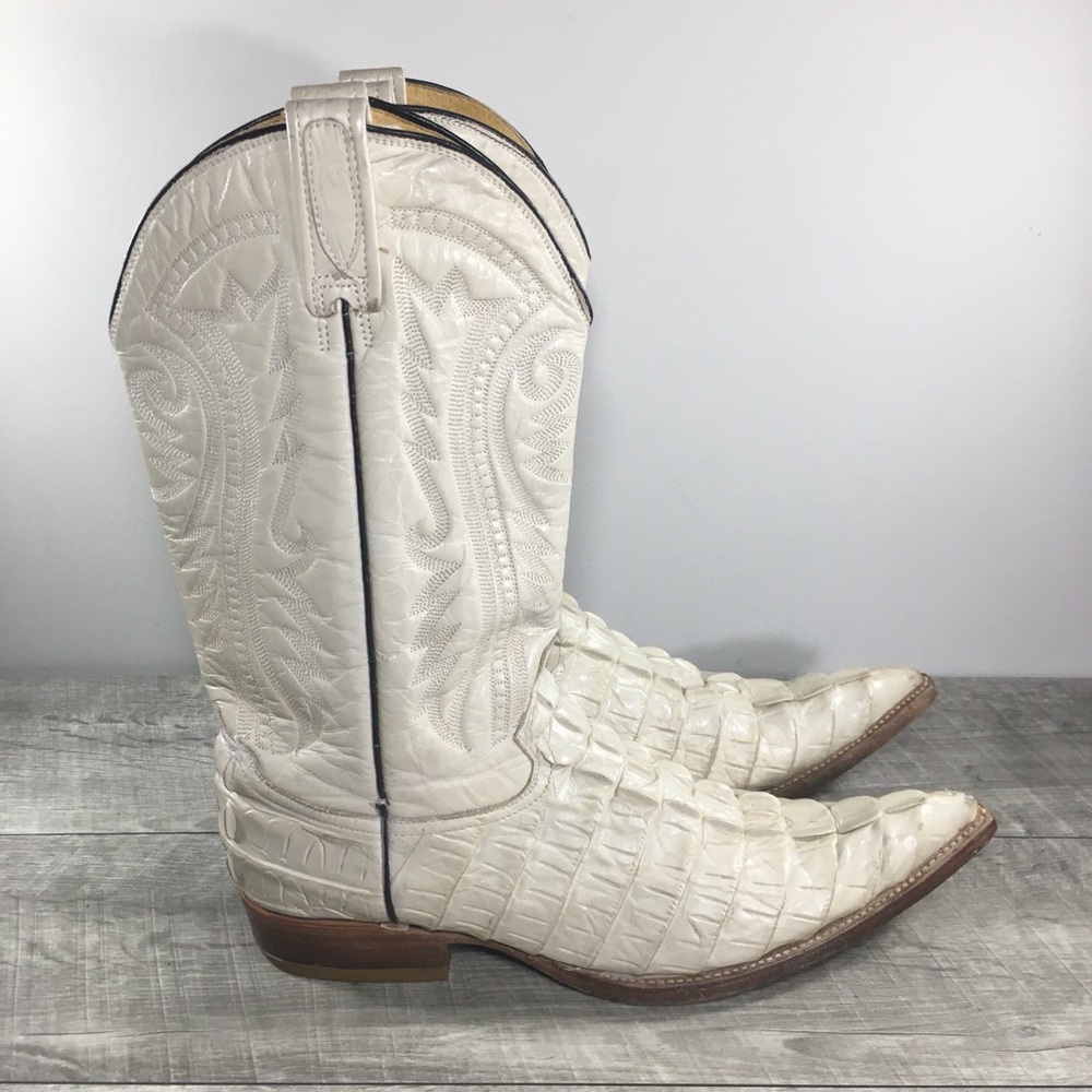 Herencia Boots White Exotic Embossed Leather Cowboy Western Pull-On Mens Sz 9.5